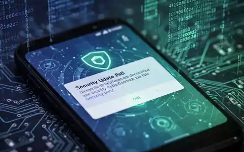 Smartphone-Bildschirm mit Sicherheitsupdate-Benachrichtigung, dahinter abstrakter digitaler Code und Leiterplattenelemente. - Foto: über boerse-global.de