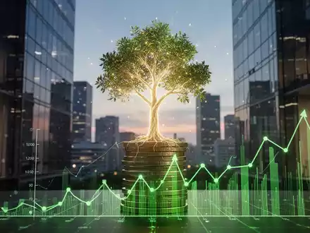 Ein stilisiertes, leuchtendes Baum-Symbol wächst aus einem Stapel grüner Münzen oder Finanzgrafiken vor einer modernen Bürokulisse. - Foto: über boerse-global.de