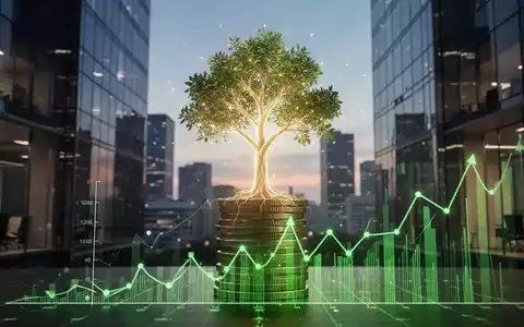 Ein stilisiertes, leuchtendes Baum-Symbol wächst aus einem Stapel grüner Münzen oder Finanzgrafiken vor einer modernen Bürokulisse. - Foto: über boerse-global.de