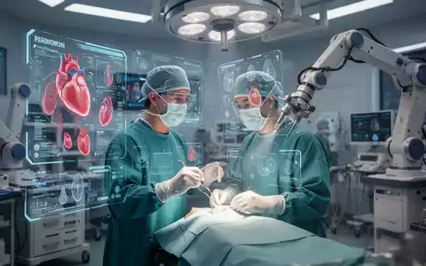 Ein Chirurg mit einer futuristischen AR/VR-Brille, der in einem Operationssaal mit holographischen Daten interagiert. - Foto: über boerse-global.de