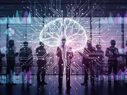 Abstrakte KI-Workflow-Integration mit digitalen Datenströmen und neuronalem Netz über Fachleuten. - Foto: über boerse-global.de