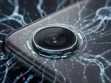 Nahaufnahme einer Smartphone-Kamera mit digitalen Lichteffekten und abstrakter KI-Netzwerkdarstellung. - Foto: über boerse-global.de