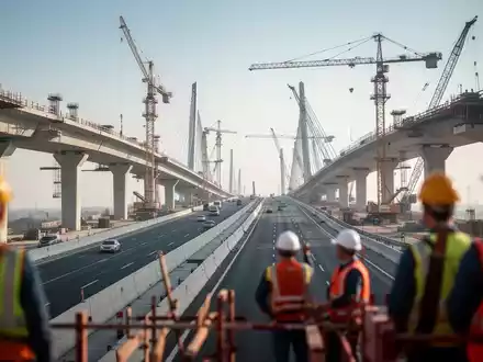 Eine im Bau befindliche Autobahnbrücke mit Kränen und teilweise fertiggestellten Betonkonstruktionen unter blauem Himmel. - Foto: über boerse-global.de