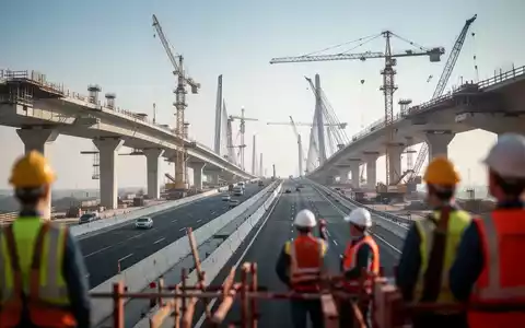 Eine im Bau befindliche Autobahnbrücke mit Kränen und teilweise fertiggestellten Betonkonstruktionen unter blauem Himmel. - Foto: über boerse-global.de