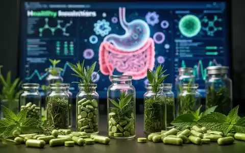 Nahaufnahme von grünen Pflanzenextrakten und Nahrungsergänzungsmitteln in Glasphiolen mit unscharfem Hintergrund aus Darmmikrobiom-Illustration und wissenschaftlichen Daten. - Foto: über boerse-global.de