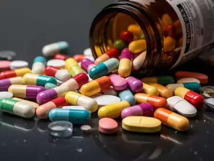 Nahaufnahme von bunten Vitaminpillen und Kapseln, die aus einer Flasche auf eine dunkle Oberfläche verschüttet werden. - Foto: über boerse-global.de