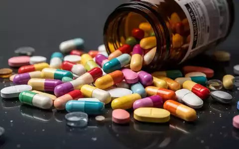 Nahaufnahme von bunten Vitaminpillen und Kapseln, die aus einer Flasche auf eine dunkle Oberfläche verschüttet werden. - Foto: über boerse-global.de
