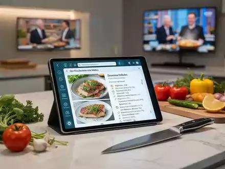 Eine moderne Küche mit einem Tablet, das ein KI-Rezept anzeigt, frischen Zutaten und einem Kochmesser. Im Hintergrund ein unscharfes Fernsehbild. - Foto: über boerse-global.de