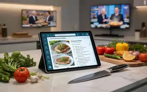 Eine moderne Küche mit einem Tablet, das ein KI-Rezept anzeigt, frischen Zutaten und einem Kochmesser. Im Hintergrund ein unscharfes Fernsehbild. - Foto: über boerse-global.de