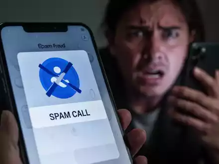 Ein Smartphone zeigt eine Warnung vor einem Spam-Anruf, im Hintergrund eine gestresste Person mit einem Telefon. - Foto: über boerse-global.de