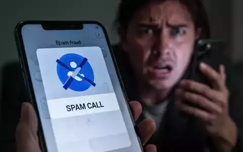 Ein Smartphone zeigt eine Warnung vor einem Spam-Anruf, im Hintergrund eine gestresste Person mit einem Telefon. - Foto: über boerse-global.de