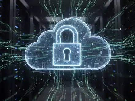 Digitales Schloss-Symbol mit leuchtenden Linien über Cloud-Netzwerk mit fließendem Code, symbolisiert Sicherheit und Datenschutz. - Foto: über boerse-global.de