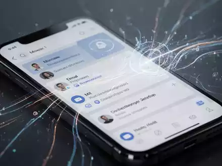 Nahaufnahme eines Smartphone-Bildschirms mit moderner E-Mail-App, KI-Funktionen und intelligenten Suchergebnissen. - Foto: ĂĽber boerse-global.de