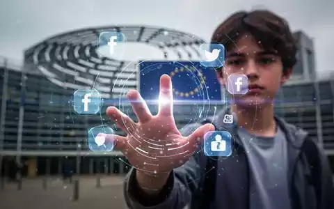 Eine Hand greift nach einem leuchtenden, abstrakten digitalen Interface mit Social-Media-Symbolen vor einem verschwommenen Parlamentsgebäude. - Foto: über boerse-global.de
