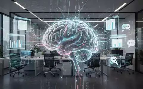 Leuchtendes, futuristisches digitales Gehirn mit Code und Datenströmen über einem modernen Büro, Symbol für KI im Unternehmen. - Foto: über boerse-global.de