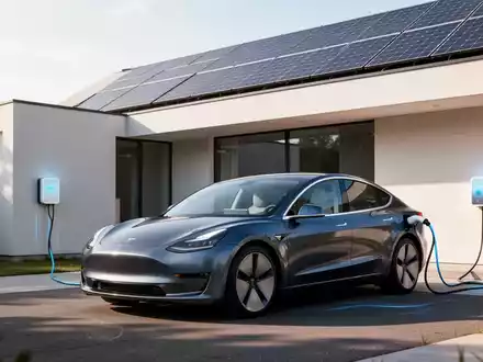 Ein modernes Elektroauto ist an ein minimalistisches Smart Home mit Solarmodulen angeschlossen und symbolisiert Energieeffizienz und V2H-Technologie. - Foto: über boerse-global.de