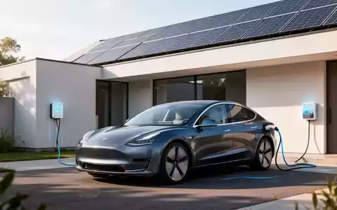 Ein modernes Elektroauto ist an ein minimalistisches Smart Home mit Solarmodulen angeschlossen und symbolisiert Energieeffizienz und V2H-Technologie. - Foto: über boerse-global.de