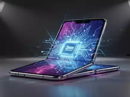 Schlankes, teilweise gefaltetes Smartphone mit leuchtender Leiterplatten-Überlagerung auf dem Bildschirm, symbolisiert 2nm-Prozessortechnologie. - Foto: über boerse-global.de