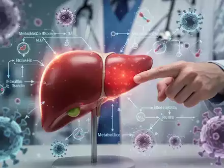 Ein detailliertes Modell einer menschlichen Leber mit leichten Glanzlichtern, umgeben von abstrakten metabolischen Darstellungen. - Foto: über boerse-global.de