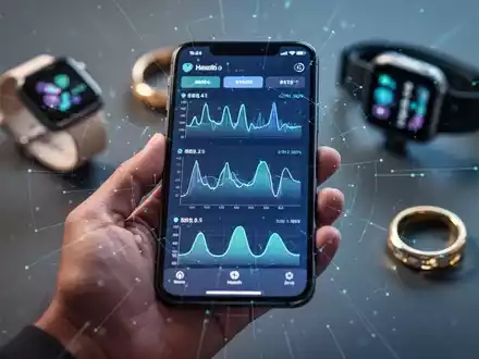 Eine Hand hält ein Smartphone mit Gesundheitsdaten, im Hintergrund verschwommene Wearables, symbolisiert mobile Gesundheits-Apps und KI-Integration. - Foto: über boerse-global.de