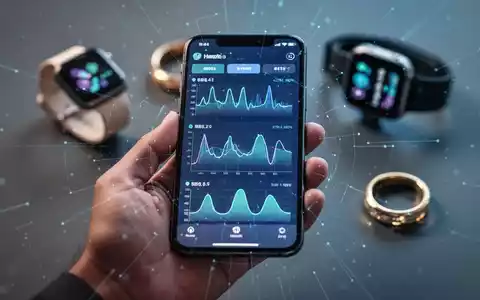 Eine Hand hält ein Smartphone mit Gesundheitsdaten, im Hintergrund verschwommene Wearables, symbolisiert mobile Gesundheits-Apps und KI-Integration. - Foto: über boerse-global.de