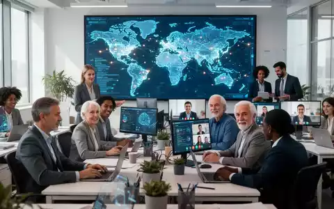 Eine vielfältige Gruppe von Fachleuten arbeitet in einem modernen Büro, einige persönlich, andere per Videoanruf. Ein digitaler Bildschirm zeigt eine Weltkarte mit Datenpunkten, die globale Remote-Arbeit und KI-Integration symbolisieren. - Foto: über boerse-global.de