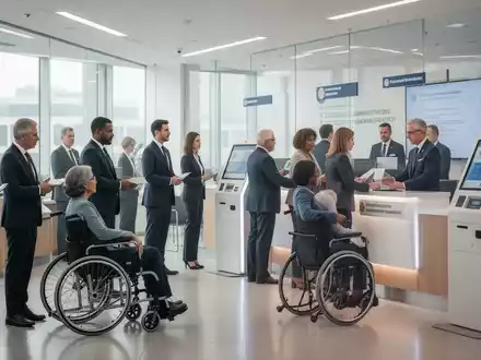 Menschen mit und ohne Behinderung in einem modernen, hellen Regierungsbüro, das Effizienz und Zugänglichkeit symbolisiert. - Foto: über boerse-global.de