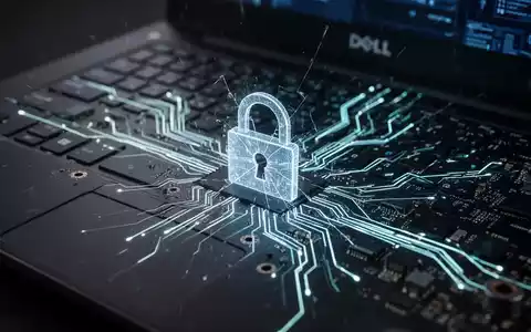 Nahaufnahme eines Dell-Laptop-Motherboards mit leuchtenden Leiterbahnen, die eine Datensicherheitslücke darstellen. Ein zerbrochenes digitales Vorhängeschloss-Symbol ist dezent überlagert. - Foto: über boerse-global.de