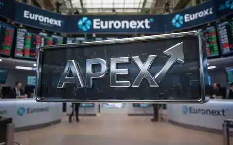 Ein stilisierter, metallischer Börsenticker mit 'APEX' und einem steigenden Pfeil vor dem Hintergrund der Euronext-Börse. - Foto: über boerse-global.de