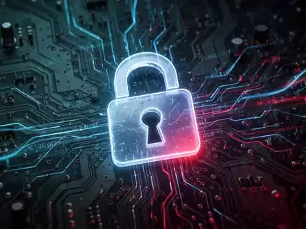 Glühendes Vorhängeschloss-Symbol auf digitaler Leiterplatte mit Datenströmen. Symbolisiert Cybersicherheit und Datenlecks. - Foto: über boerse-global.de