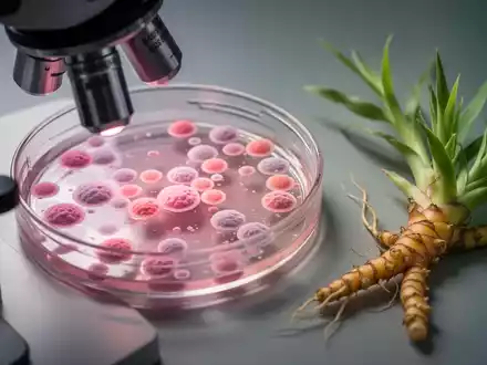 Brustkrebszellen in einer Petrischale unter dem Mikroskop, daneben Pflanzenbestandteile von Curcuma kwangsiensis. - Foto: über boerse-global.de