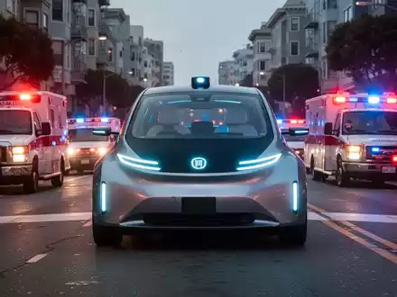 Ein autonomes Fahrzeug mit leuchtenden Sensoren hält auf einer Straße in San Francisco, umgeben von Einsatzfahrzeugen mit Blaulicht. - Foto: über boerse-global.de