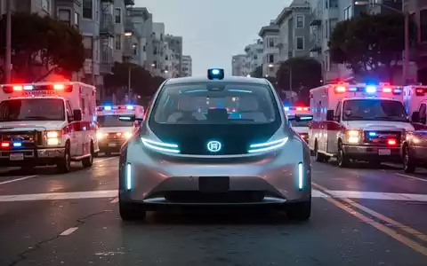 Ein autonomes Fahrzeug mit leuchtenden Sensoren hält auf einer Straße in San Francisco, umgeben von Einsatzfahrzeugen mit Blaulicht. - Foto: über boerse-global.de