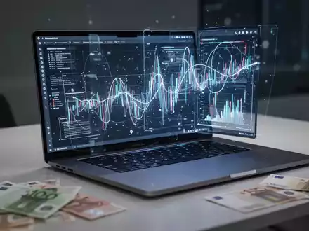 Hochwertiger Laptop auf Schreibtisch mit leuchtendem Bildschirm, Euro-Scheine im Vordergrund deuten auf hohe Kosten hin. - Foto: über boerse-global.de