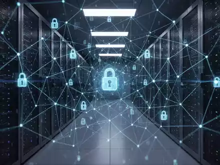 Leuchtend blaues digitales Netzwerkgitter über einem dunklen, modernen Serverraum, symbolisiert Cybersicherheit und Datenschutz. - Foto: über boerse-global.de
