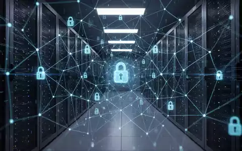 Leuchtend blaues digitales Netzwerkgitter über einem dunklen, modernen Serverraum, symbolisiert Cybersicherheit und Datenschutz. - Foto: über boerse-global.de