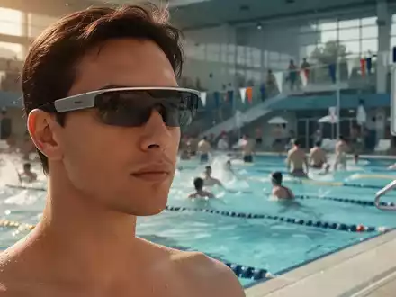 Eine Person trägt unauffällige Smartglasses in einem belebten Freibad, während im Hintergrund andere Badegäste schwimmen und sich sonnen. - Foto: über boerse-global.de