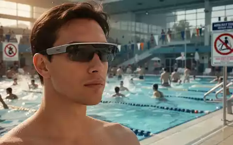 Eine Person trägt unauffällige Smartglasses in einem belebten Freibad, während im Hintergrund andere Badegäste schwimmen und sich sonnen. - Foto: über boerse-global.de