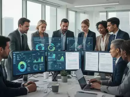 Geschäftsleute in einem modernen Büro, die digitale Bildschirme mit Datenvisualisierungen und Dokumenten zur Nachhaltigkeitsberichterstattung betrachten. - Foto: über boerse-global.de