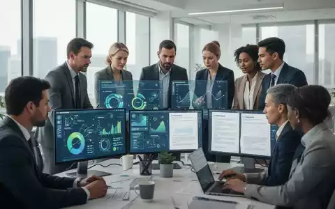 Geschäftsleute in einem modernen Büro, die digitale Bildschirme mit Datenvisualisierungen und Dokumenten zur Nachhaltigkeitsberichterstattung betrachten. - Foto: über boerse-global.de