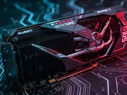 Nahaufnahme einer High-End-AMD-Radeon-RX-9070-GRE-Grafikkarte mit dezenten blauen und roten Lichtern. - Foto: über boerse-global.de