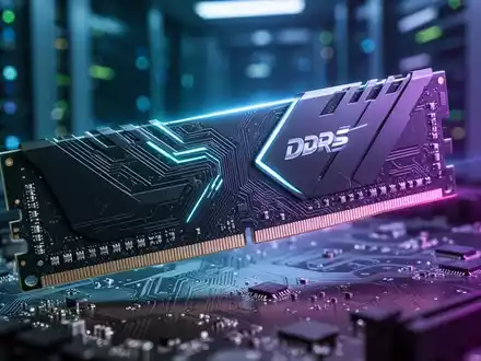 Nahaufnahme eines DDR5-RAM-Riegels mit detaillierter Schaltung und blauer Beleuchtung vor unscharfem Hightech-Hintergrund. - Foto: über boerse-global.de