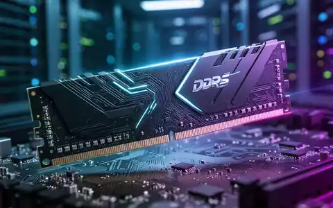 Nahaufnahme eines DDR5-RAM-Riegels mit detaillierter Schaltung und blauer Beleuchtung vor unscharfem Hightech-Hintergrund. - Foto: über boerse-global.de