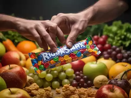 Eine Hand greift nach einem hochverarbeiteten Snack, im Hintergrund verschwommenes Obst und Gemüse. - Foto: über boerse-global.de