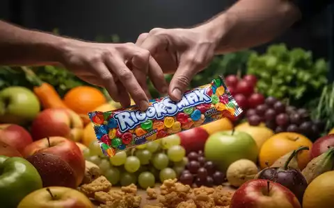 Eine Hand greift nach einem hochverarbeiteten Snack, im Hintergrund verschwommenes Obst und Gemüse. - Foto: über boerse-global.de