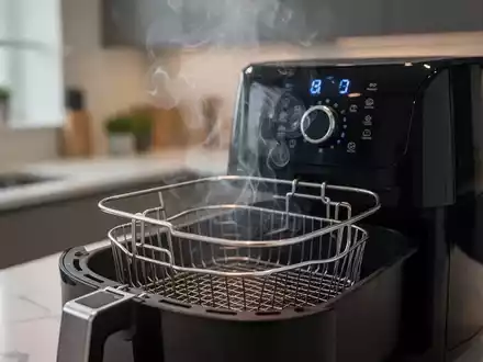 Ein rauchender Airfryer-Korb in einer modernen Küche, der potenzielle Überhitzungsgefahren und Sicherheitsprobleme andeutet. - Foto: über boerse-global.de