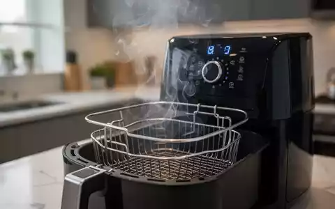 Ein rauchender Airfryer-Korb in einer modernen Küche, der potenzielle Überhitzungsgefahren und Sicherheitsprobleme andeutet. - Foto: über boerse-global.de