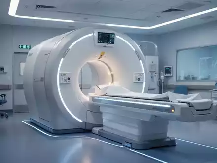 Ein hochmodernes, futuristisches medizinisches Bildgebungsgerät, möglicherweise ein MRT- oder PET-Scanner, in einer sterilen, modernen Krankenhausumgebung. - Foto: über boerse-global.de