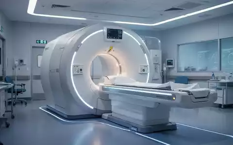 Ein hochmodernes, futuristisches medizinisches Bildgebungsgerät, möglicherweise ein MRT- oder PET-Scanner, in einer sterilen, modernen Krankenhausumgebung. - Foto: über boerse-global.de