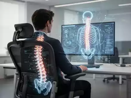 Eine Person sitzt in einem ergonomischen Bürostuhl und betrachtet eine holografische Wirbelsäule, die Technologie und Gesundheit verbindet. - Foto: über boerse-global.de